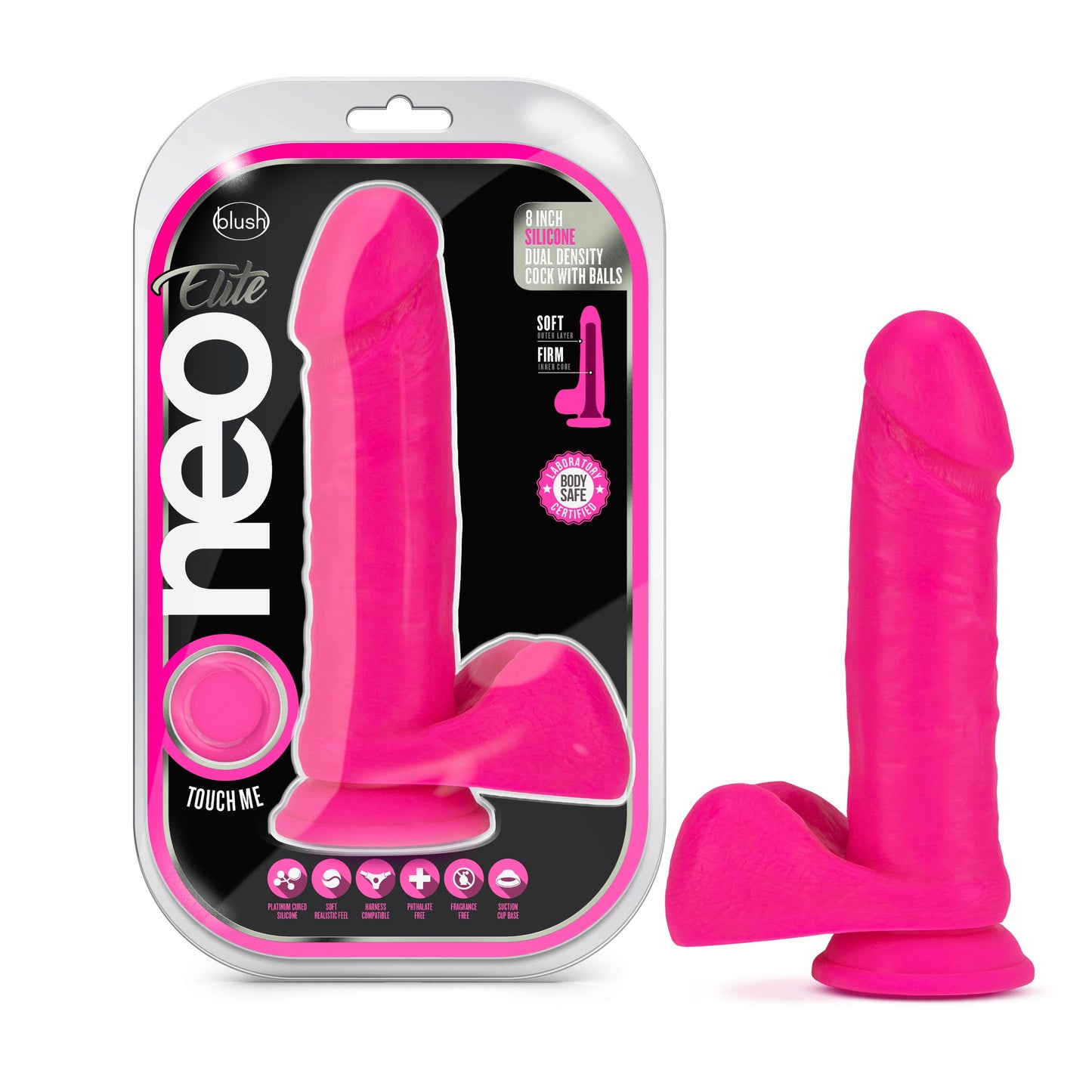 Neo Elite - 8 Inch Silicone Dual Density Cock With Balls - Neon Pink