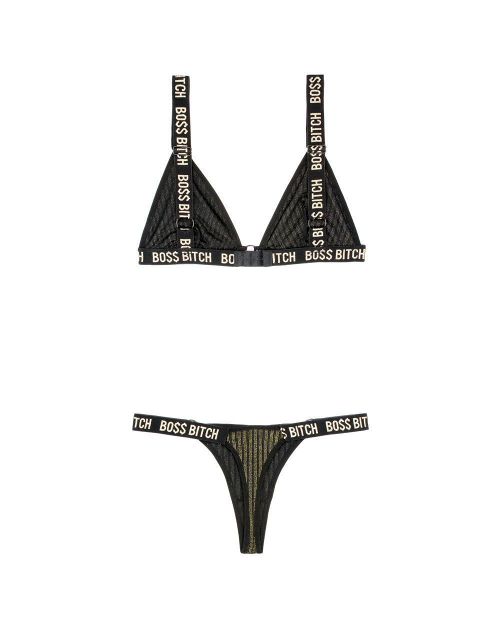 Boss Bitch Bralette and Thong Panty Set - Black / Gold -